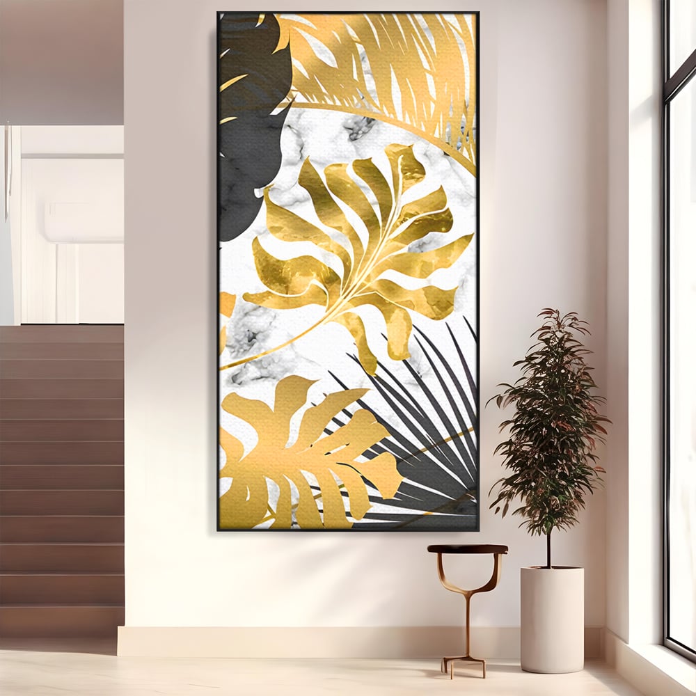 Tablou canvas cu tablou canvas cu frunze tropicale, in rama de aluminiu negru